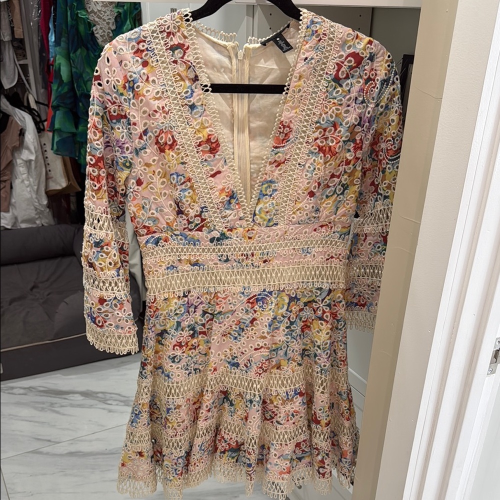 Aqua Floral Lace V-Neck Dress